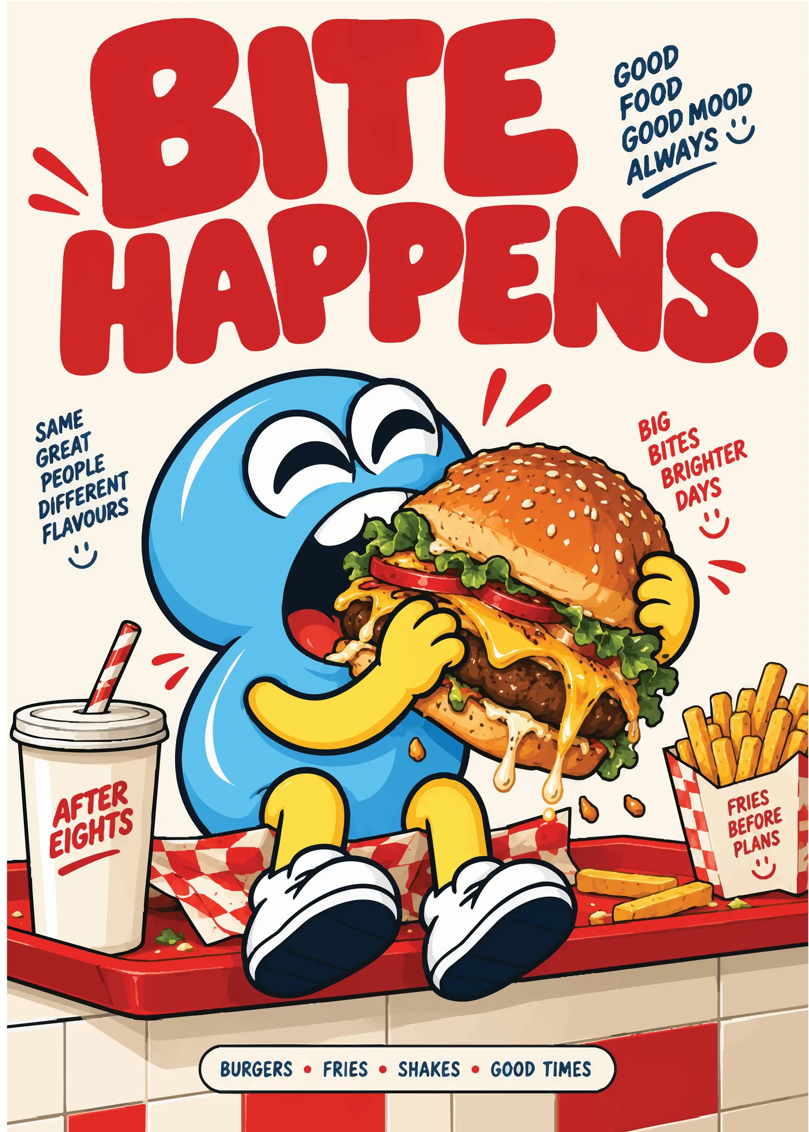 Poster, "Bite happens," with the mascot biting into a burger