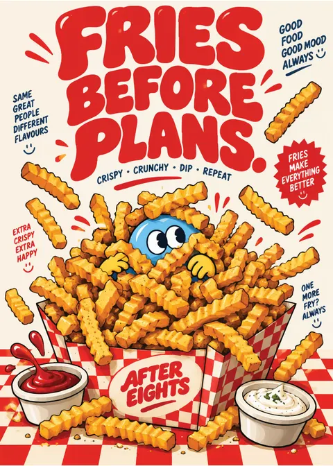 Poster, "Fries before plans," a basket of crinkle-cut fries