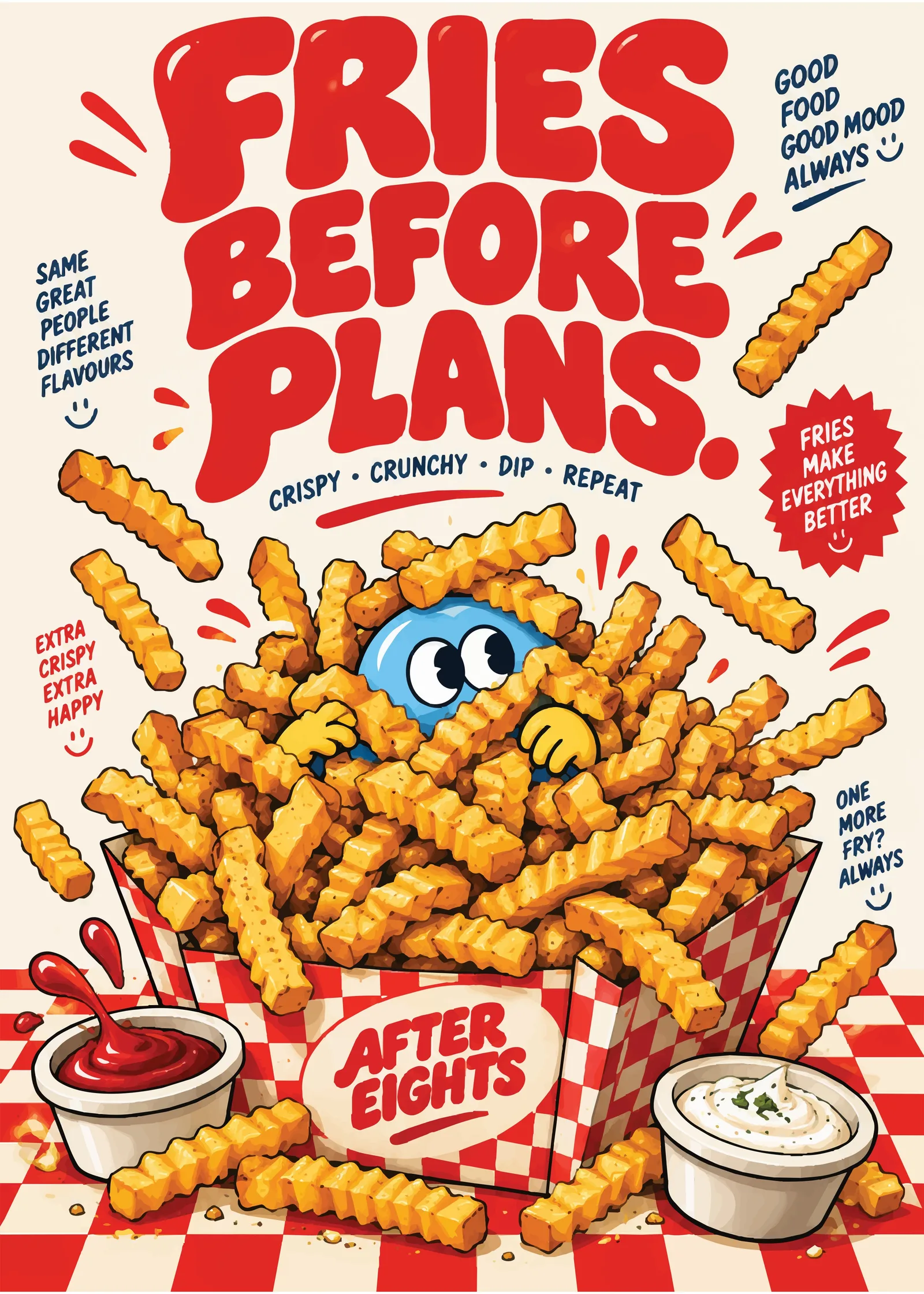 Poster, "Fries before plans," a basket of crinkle-cut fries