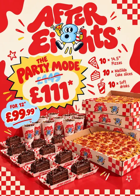Promotion graphic, "The Party Mode" bundle with pizzas, sides and desserts