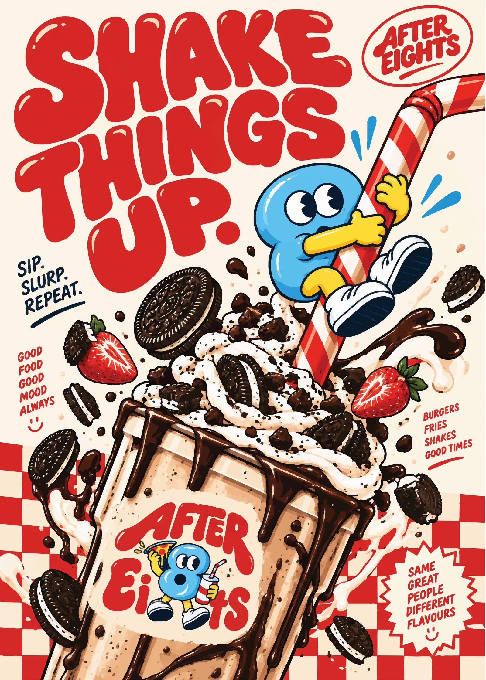 Poster, "Shake things up," with the mascot on an oreo milkshake