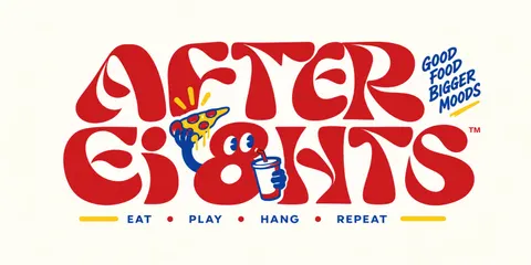 Logo on cream with the tagline "Eat. Play. Hang. Repeat." and "Good food, bigger moods"