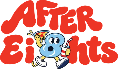Logo in glossy red lettering with a blue "8" mascot holding a pizza slice and a drink, on black