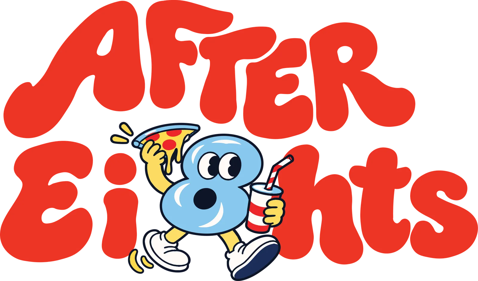Logo in glossy red lettering with a blue "8" mascot holding a pizza slice and a drink, on black