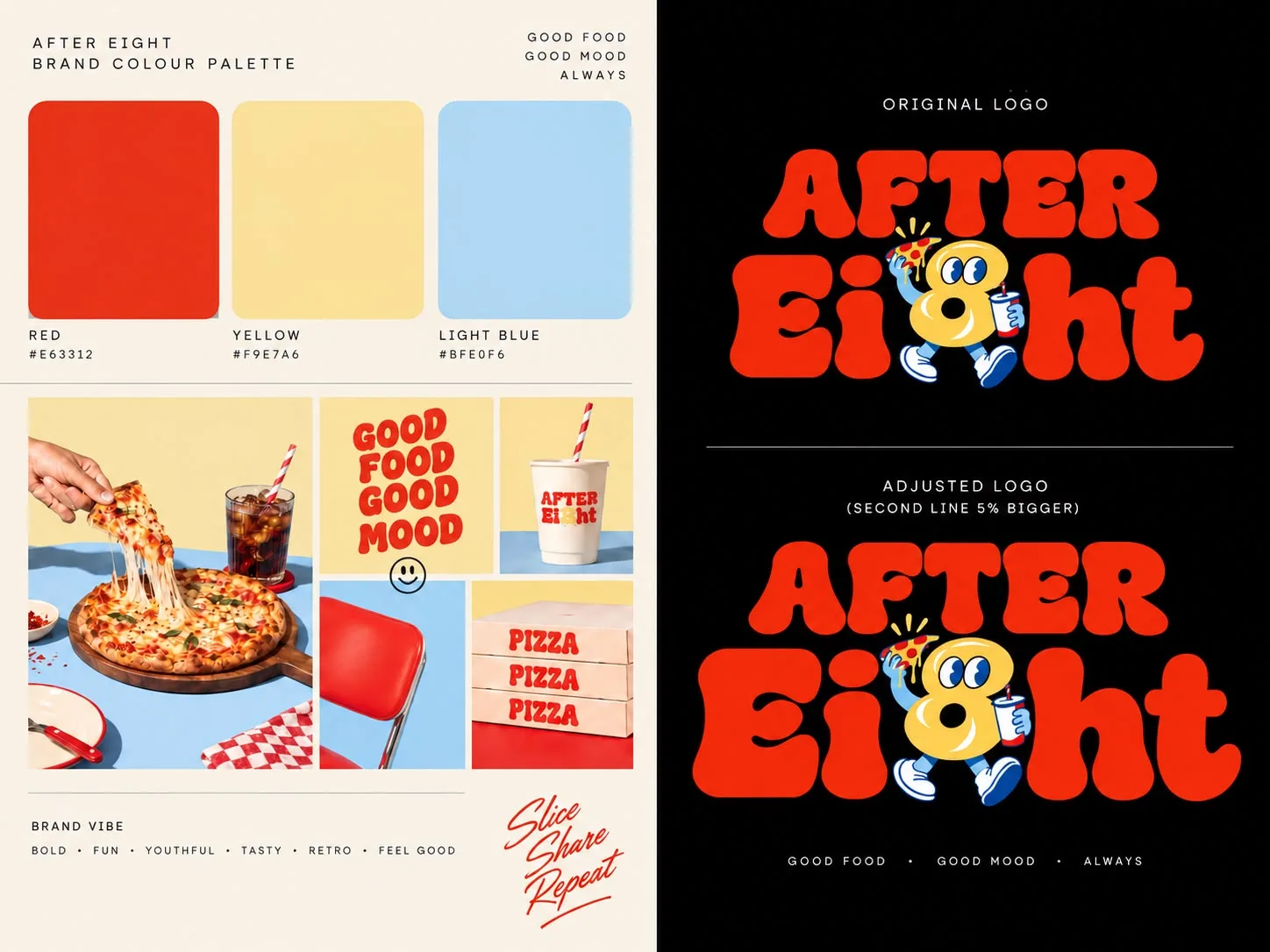 Brand colour palette board in red, yellow and light blue, with logo variants and sample food imagery