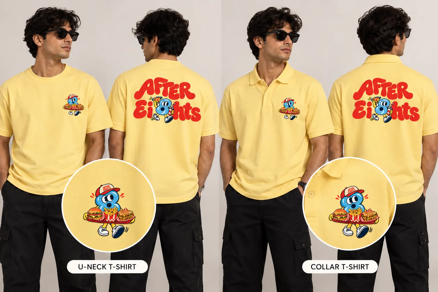 Staff in yellow branded T-shirts and polos, front view, with U-neck and collar options