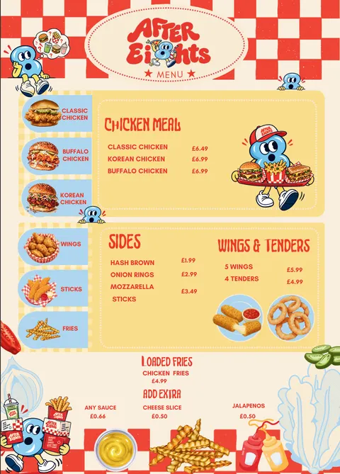 Menu panel with chicken meals, sides, and wings and tenders, in a red and cream check layout
