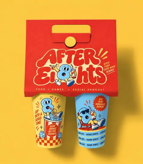 Branded takeaway bag with two matching cups on a yellow backdrop
