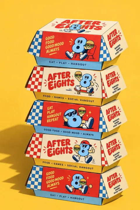 Stack of branded burger boxes in red and blue check