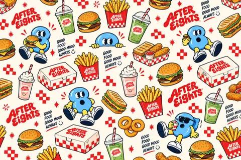 Repeating illustrated pattern of burgers, fries, shakes and the mascot on a red check