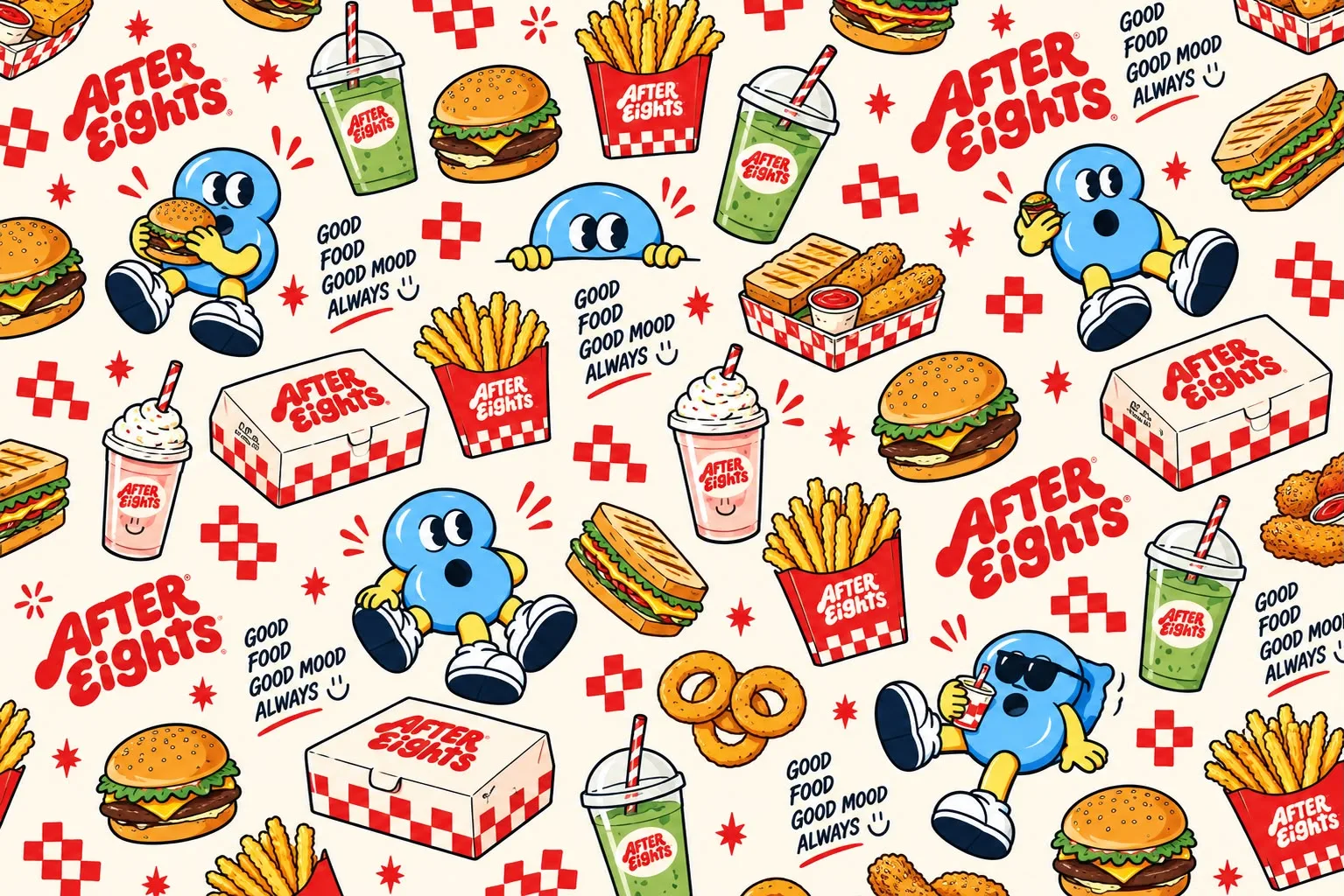 Repeating illustrated pattern of burgers, fries, shakes and the mascot on a red check