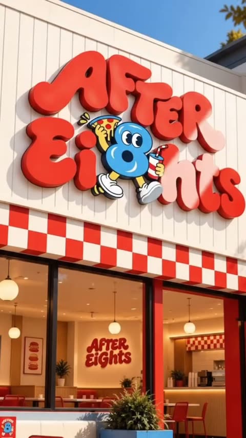 Animated shopfront reveal, the "8" mascot jumps in and the red 3D logo builds onto the sign