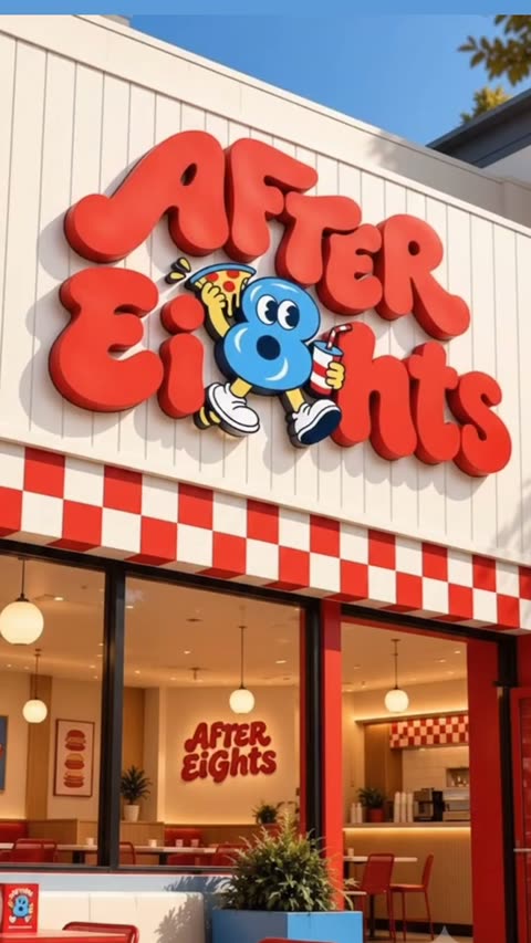 Animated shopfront reveal, the red 3D lettering builds onto the sign and the mascot joins it