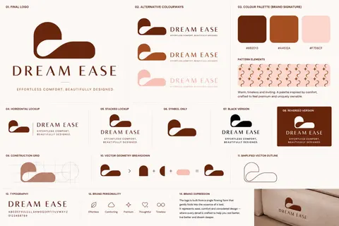 Full brand guideline sheet — final logo construction, colourways, palette, lockups, typography, and brand personality