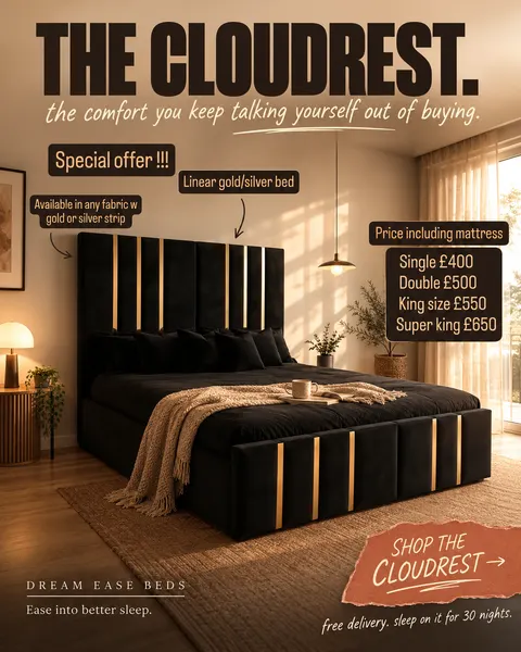 "The Cloudrest" advertisement, black bed with gold and silver stripe options and pricing from £400