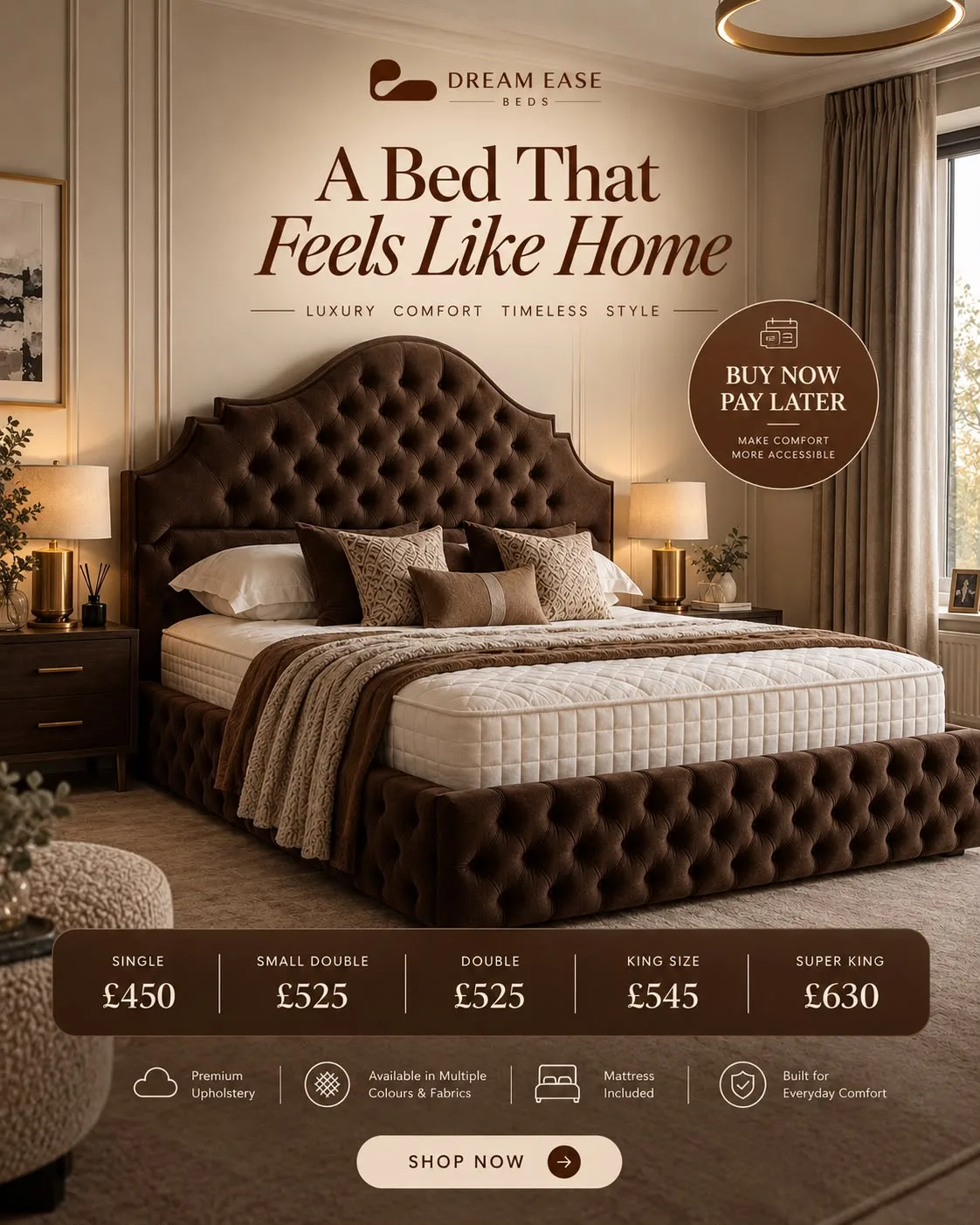 Advertisement, "A Bed That Feels Like Home," with pricing across all sizes