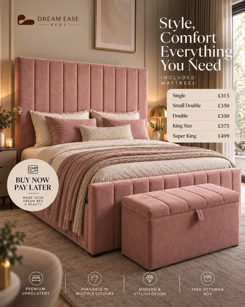 Advertisement, "Style, Comfort, Everything You Need," pink velvet bed with pricing