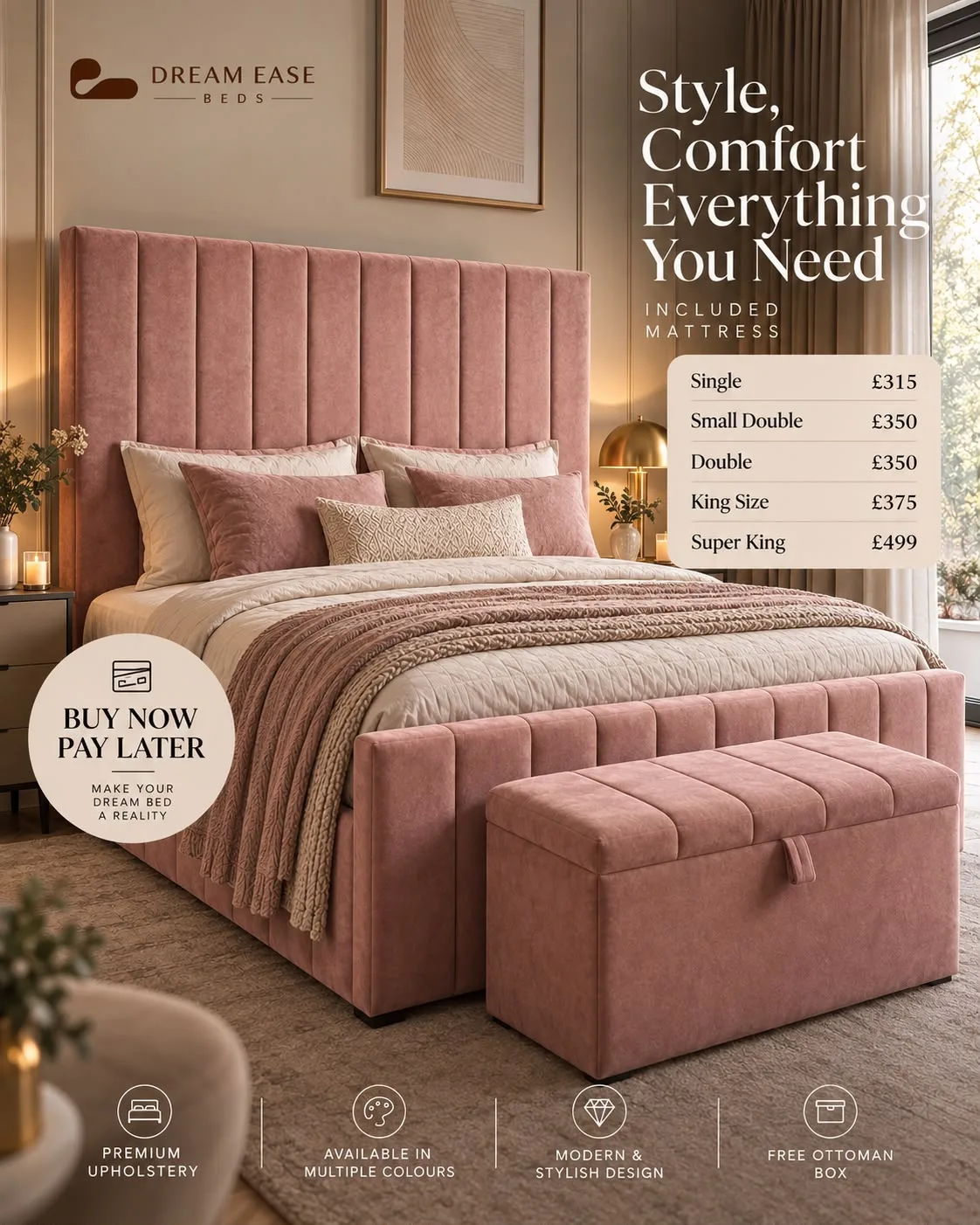 Advertisement, "Style, Comfort, Everything You Need," pink velvet bed with pricing