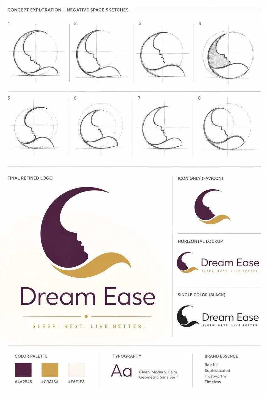 Negative-space moon-and-profile logo concept board, from rough sketches to a refined plum and gold mark