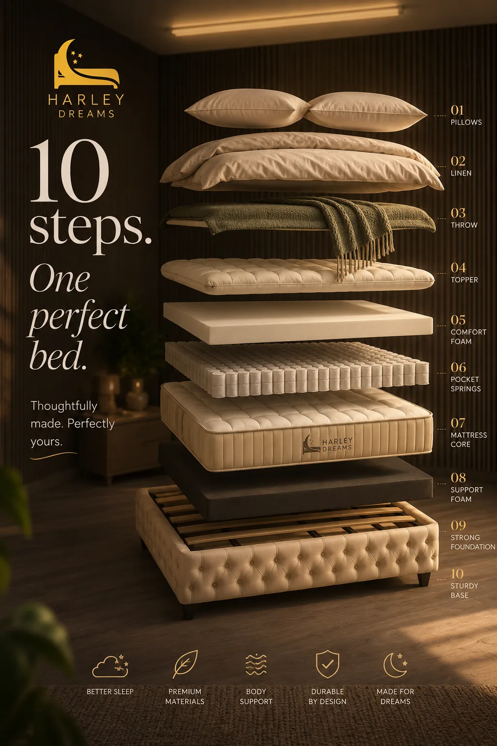Advertisement, "10 steps, one perfect bed," a mattress layer diagram