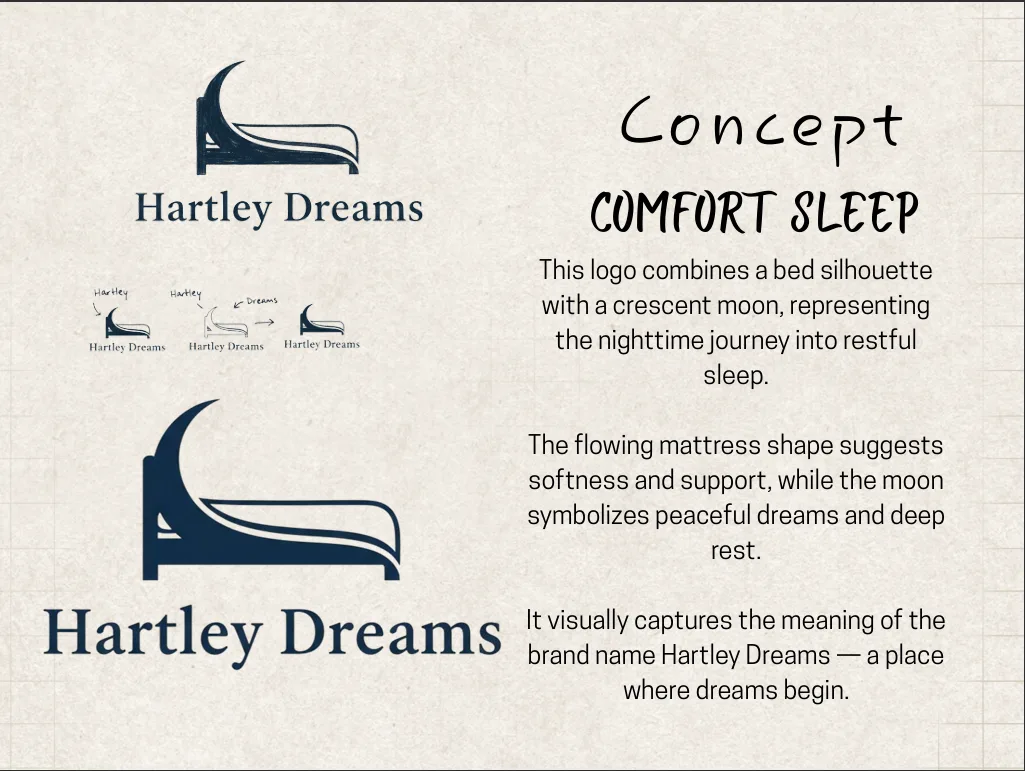 "Comfort Sleep" logo concept — a bed silhouette with a crescent moon, the direction that shipped