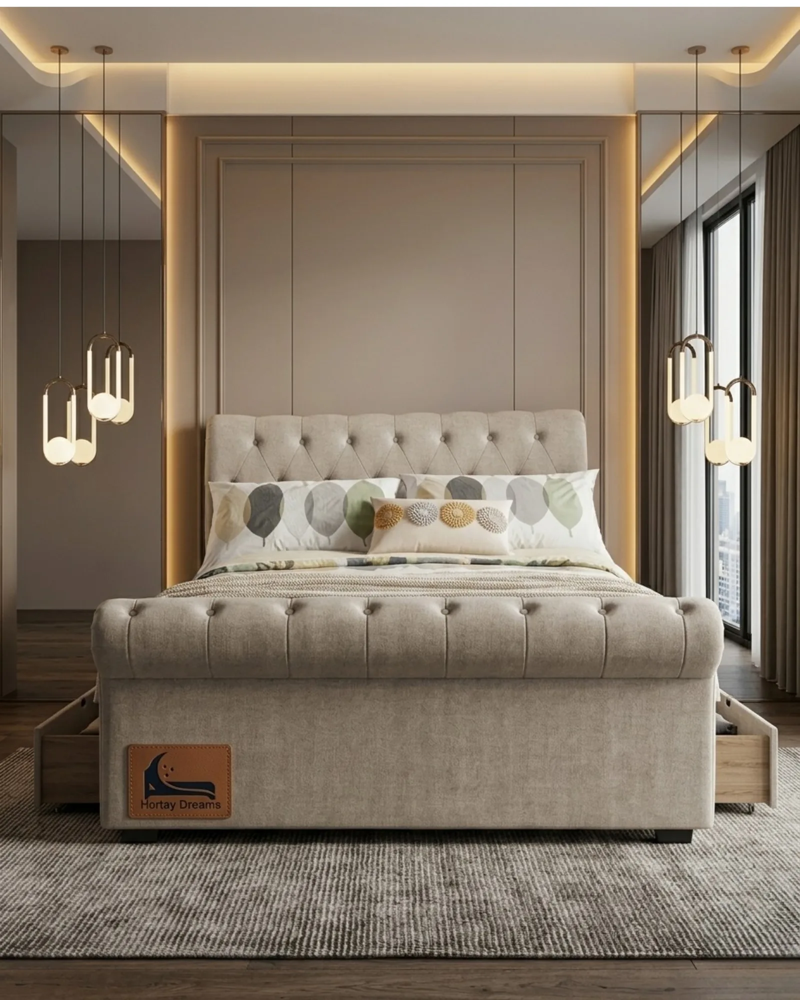 Cream tufted divan bed with storage drawers, styled bedroom with gold accent lighting