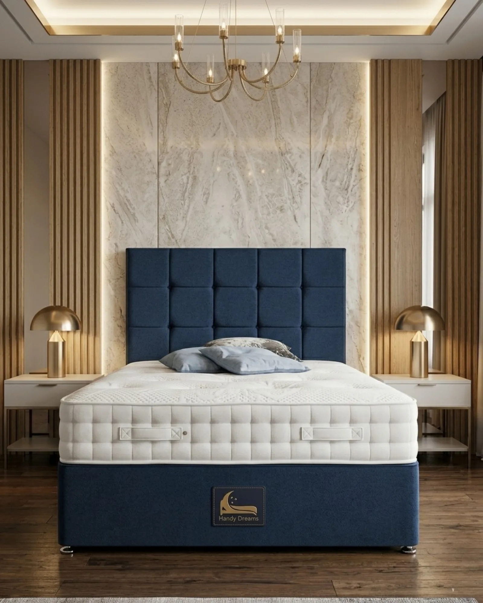 Navy blue tufted headboard divan bed in a marble-accented bedroom