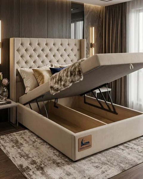 Chesterfield wingback ottoman storage bed shown lifted open