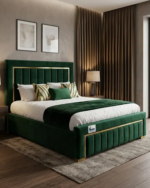 Sleigh bed styled bedroom with layered cushions