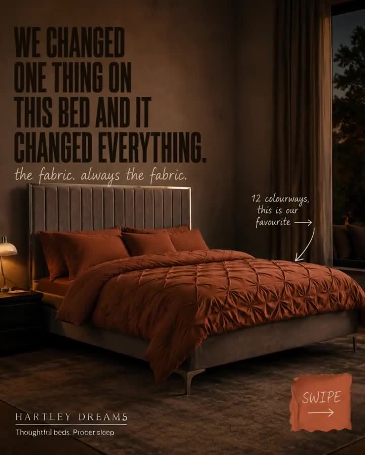 Advertisement, "I changed one thing on this bed and it changed everything — the fabric, always the fabric"