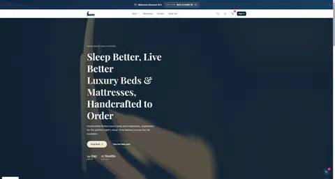 Homepage hero, "Sleep Better, Live Better — Luxury Beds & Mattresses, Handcrafted to Order"