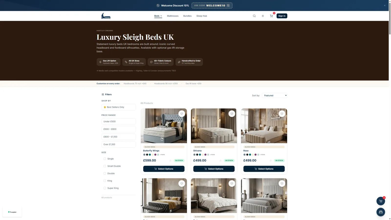 Luxury Sleigh Beds category page with filters and a 66-product grid