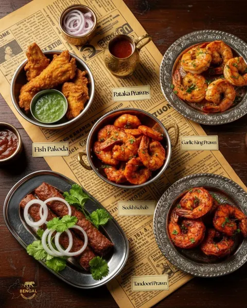 Vintage-newspaper-themed menu spread featuring Pataka Prawns, Fish Pakoda, Garlic King Prawn, Seekh Kebab and Tandoori Prawn