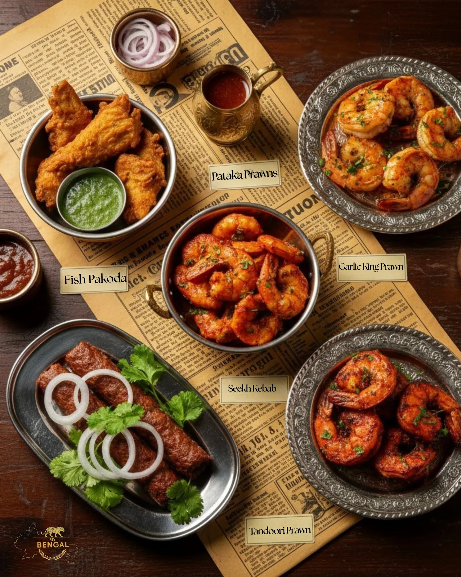 Vintage-newspaper-themed menu spread featuring Pataka Prawns, Fish Pakoda, Garlic King Prawn, Seekh Kebab and Tandoori Prawn
