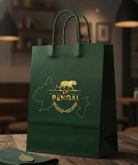 Branded takeaway bag mockup in gold foil on forest green