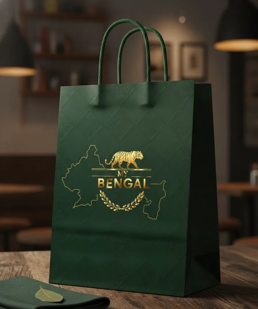 Branded takeaway bag mockup in gold foil on forest green