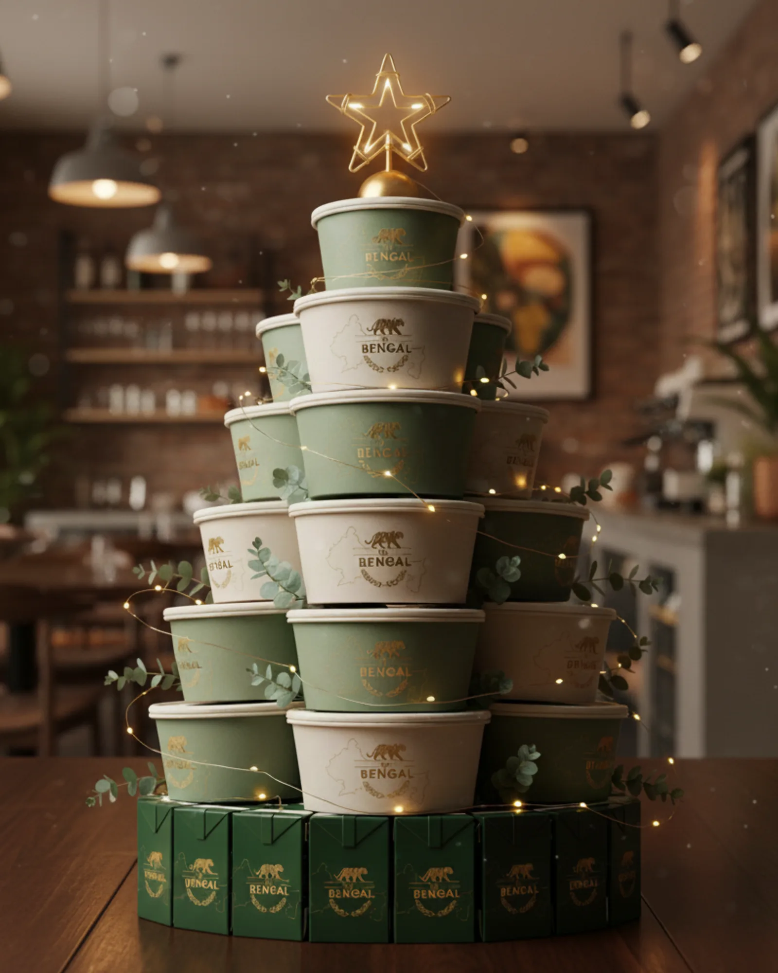 Branded takeaway containers stacked as a festive display