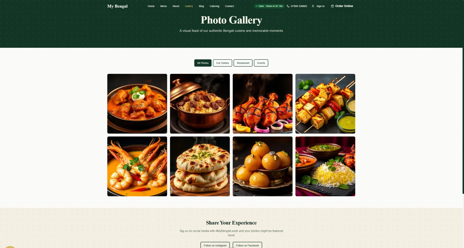 Photo gallery page with filterable dish photography